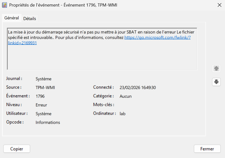 details evenement(erreur)